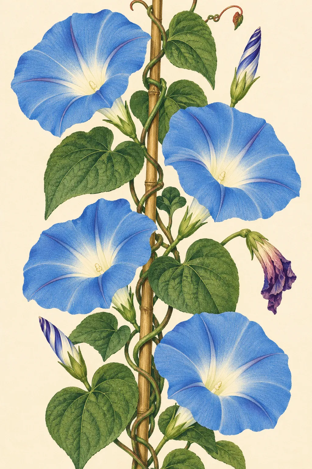 Lithograph-style illustration of Heavenly Blue morning glory flowers climbing a cane